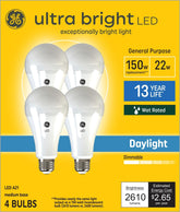 GE Ultra Bright 150W EQ A21 dimmable LED bulb, front view, delivers bright, energy-efficient illumination.