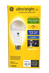 GE Ultra Bright LED A21 bulb packaging highlights energy efficiency and long life.