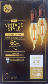 GE vintage amber glass LED bulb two-pack for chandeliers and sconces.