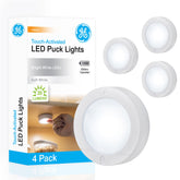 GE wireless LED puck light in a closet for quick, bright illumination.