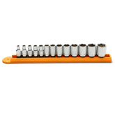 GearWrench 13-piece socket set on clip rail for quick access.