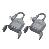Geeni Outdoor Duo weatherproof outlets powering outdoor lights and tools.