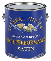 General Finishes High Performance Topcoat Satin bottle protecting wood with UV stability.