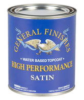 General Finishes High Performance Topcoat Satin bottle demonstrates durable water-based finish.