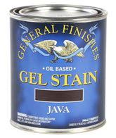 General Finishes Java gel stain bottle pour for smooth, even color.