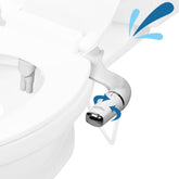 GenieBidet left-handed attachment on toilet for seamless fit and enhanced cleanliness.