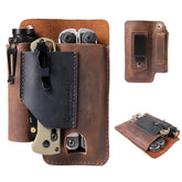 Gentlestache leather multitool sheath closeup shows rich patina and durable stitching.