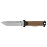 Gerber StrongArm Magnacut fixed blade close-up shows durable edge for rugged tasks.