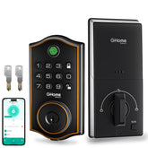 GHome Smart deadbolt on front door showing keypad for keyless entry.