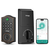 GHome Smart deadbolt lock front view highlights sleek black finish for secure entry.