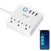 GHome Smart Plug Power Strip front view with 3 outlets and 3 USB ports for convenient charging.