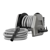 Giraffe Tools vacuum hose reel wall-mounted with 30ft reach for easy garage cleanup.