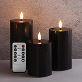Girimax black flameless pillar candle remote closeup for safe ambient lighting.