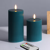 Girimax green ribbed LED pillar candle 3x4 showing a warm, inviting glow for intimate spaces.