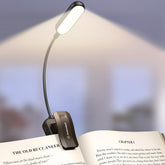 Glocusent 20 LED clip-on reading light on a book for eye-friendly nighttime reading.