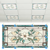 Glooglitter floral stained-glass cover softens lighting for classrooms and offices.