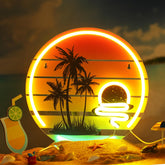 Glooglitter tropical neon sign palm tree sunset glows on wall as a striking focal point.