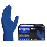GLOVEWORKS HD Royal Blue nitrile gloves in a box, ready for industrial tasks.