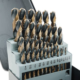 GMTOOLS 29Pcs cobalt drill bit set with 135-degree tip for precise starting holes.
