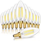 GoBright 12-pack dimmable E12 candle bulbs in clear glass for elegant chandeliers and ambient living spaces.