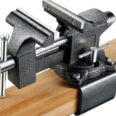 GOEHNER's bench vise 4.5-inch jaw closeup showing strong grip for secure clamping.