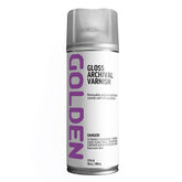 GOLDEN Gloss Archival Varnish aerosol can provides glossy protective finish for various media.