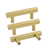 Goldenwarm brushed brass pulls; front view shows sleek T-bar design for modern cabinets.