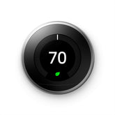 Google Nest Learning Thermostat display shows current temperature for quick checks.