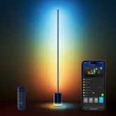 Govee Floor Lamp 2 base gradient lighting enhances living room ambience.