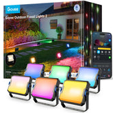 Govee outdoor flood lights RGBIC color range for vibrant backyard lighting.