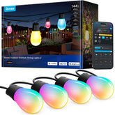 Govee S14 outdoor string lights extended over a 144 ft patio for vibrant evening ambience