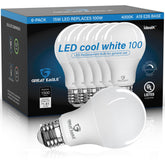 Great Eagle LED A19 bulb in packaged box shows energy-saving features.