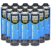 Great Stuff Pro window and door foam sealant being dispensed for airtight sealing.
