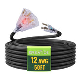 GREATIDE 50 ft lighted extension cord front view, bright yellow for outdoor reach.
