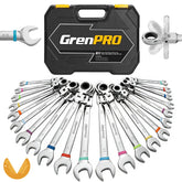 Grenpro flex-head ratcheting wrenches in a compact case for tight-space automotive work.