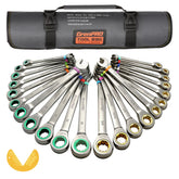 GRENPRO ratcheting wrench set with 72-tooth mechanism for precise turns in tight spaces.