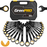 GRENPRO ratcheting wrenches organized in a labeled organizer case for quick selection.