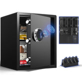 Grimtron biometric safe front view with backlit keypad for quick access.
