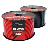 GS Power 12 AWG red spool shows primary automotive wire for car audio wiring projects.