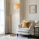 G-SAFAVA arc floor lamp in walnut wood with linen shade creates cozy living room lighting