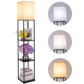 Gupuzm floor lamp with shelves, front view, highlighting built-in storage and sleek black finish.