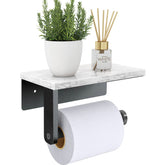 Gypie marble toilet paper holder with shelf in matte black, sturdy storage for essentials.