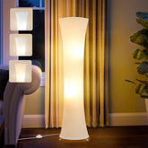 GyroVu 46-inch floor lamp with white fabric shade for cozy living room lighting.