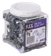 Halex 3/8 in FMC strap close-up showing zinc-plated steel durability