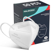 HALIDODO KN95 5-Ply face mask white pack with 3D design for a snug fit.