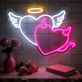 Halovin Valentine heart sign with pink devil heart glow for cozy bedroom ambiance