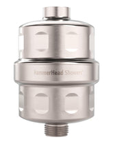 HammerHead Showers solid metal filter in brushed nickel, front view, for durable, cleaner-feeling water.
