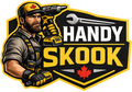 Logo of 'Handy Skook' with a man holding a drill and tools, featuring a Canadian flag.