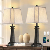 Hapcrea farmhouse table lamp set in distressed black and gold finish for cozy living room lighting.