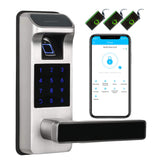 HARFO Smart Door Lock front view, satin nickel finish for durable home security.